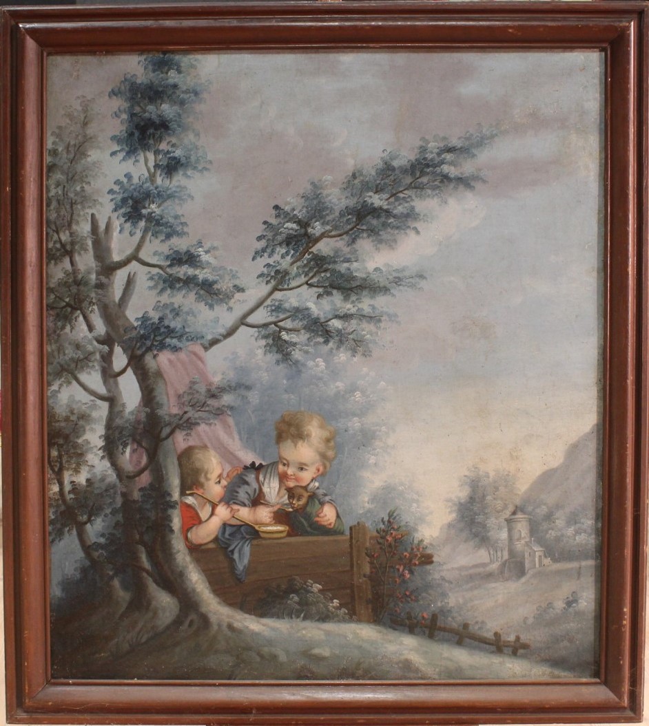 Antico dipinto francese raffigurante paesaggio con bambini