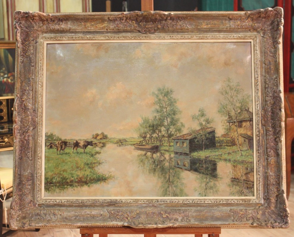 Veduta di fiume olandese firmata del XX secolo 