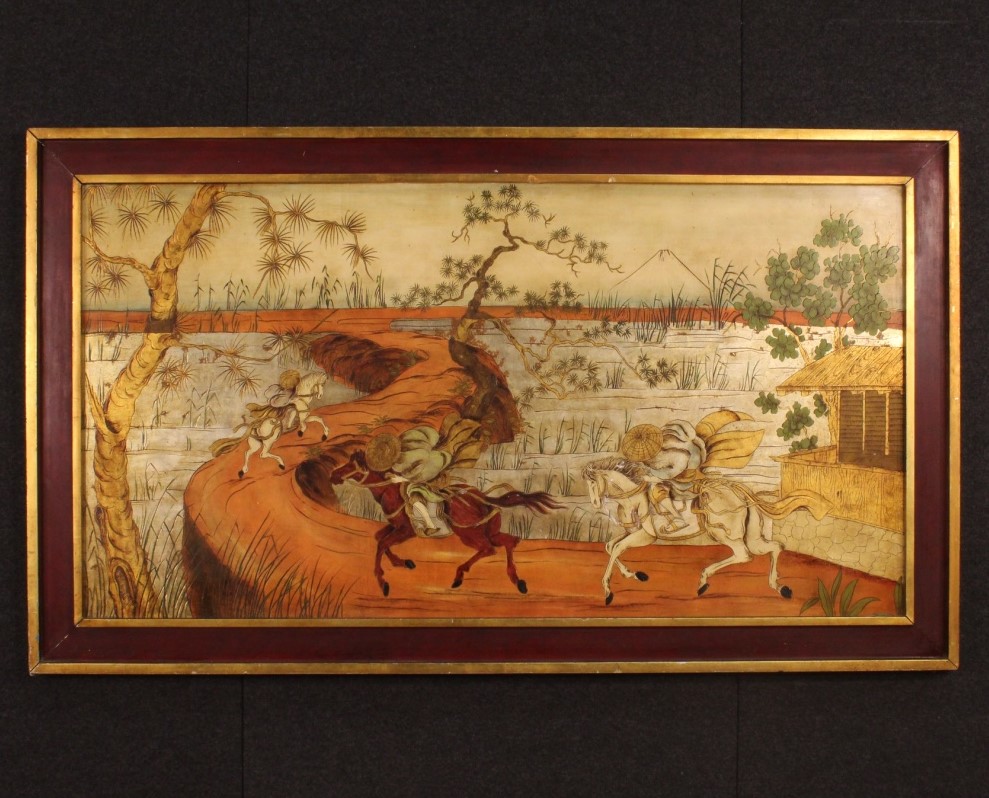 Dipinto orientalista raffigurante paesaggio con personaggi a cavallo