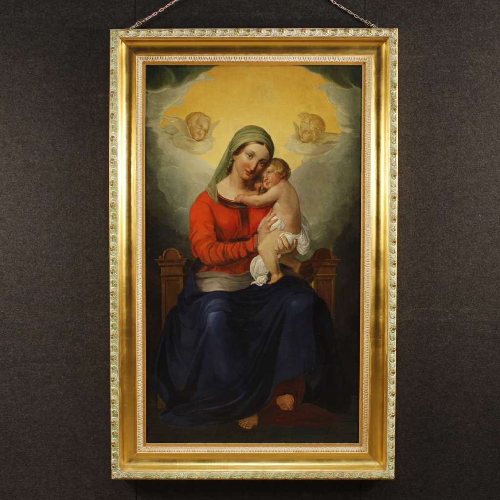 Antico dipinto italiano religioso Madonna con bambino del XIX secolo