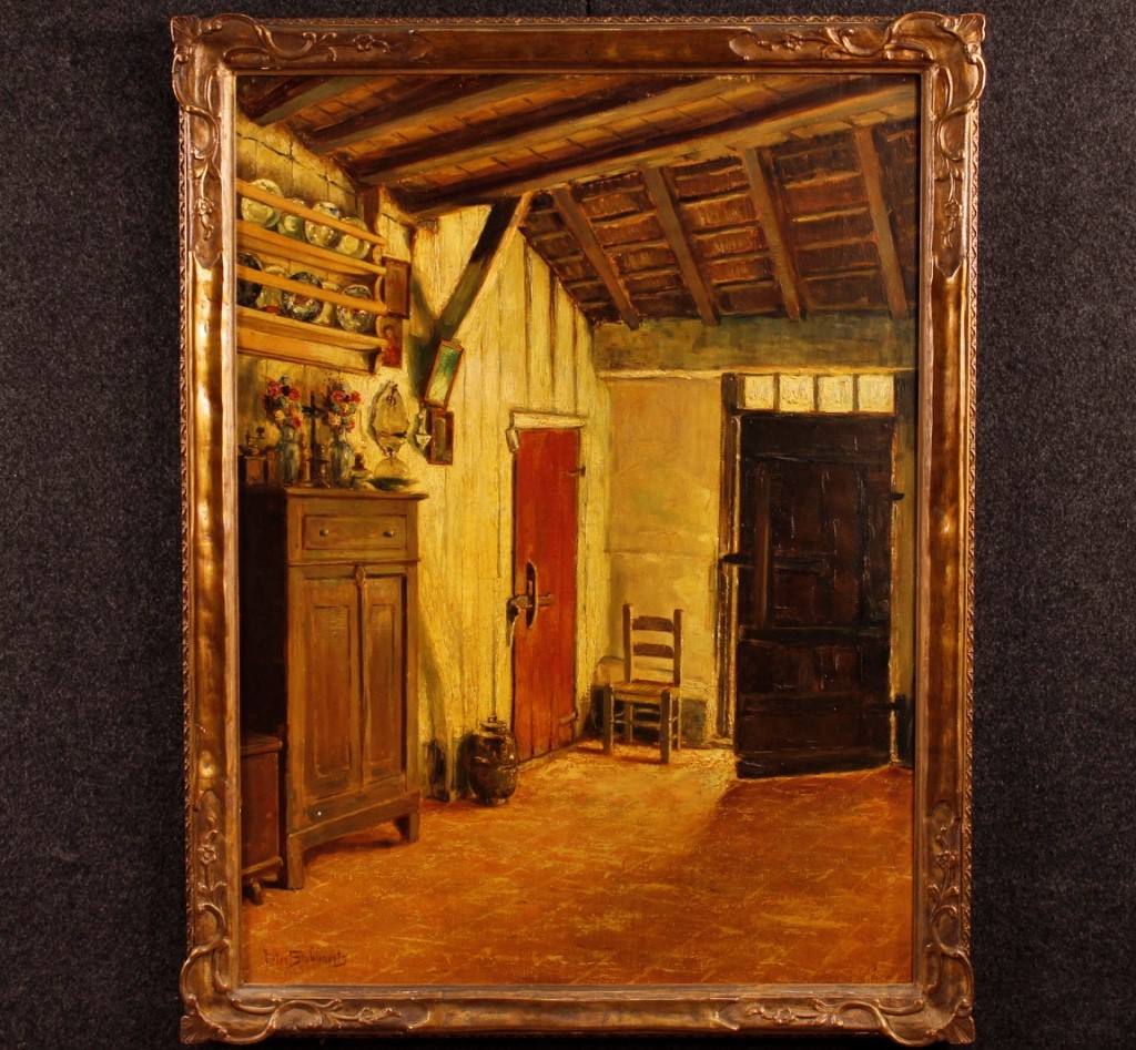 Dipinto belga olio su tela scena d'interno firmato Pieter Stobbaerts